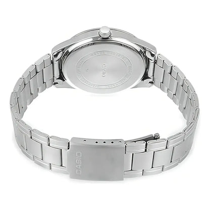 Reloj Pulsera Casio Mtp-v004d-2b Con Correa De Acero Inoxidable Color Plateado Fondo Azul
