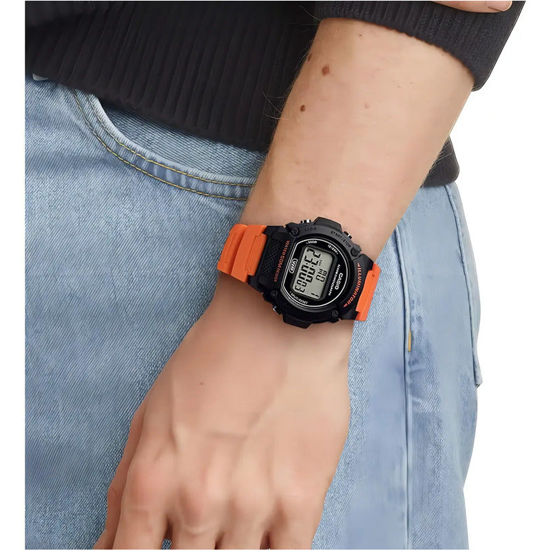 Reloj Casio W-219h-4a Naranja Wr 50m Cronometro Alarma Sumergible Negro