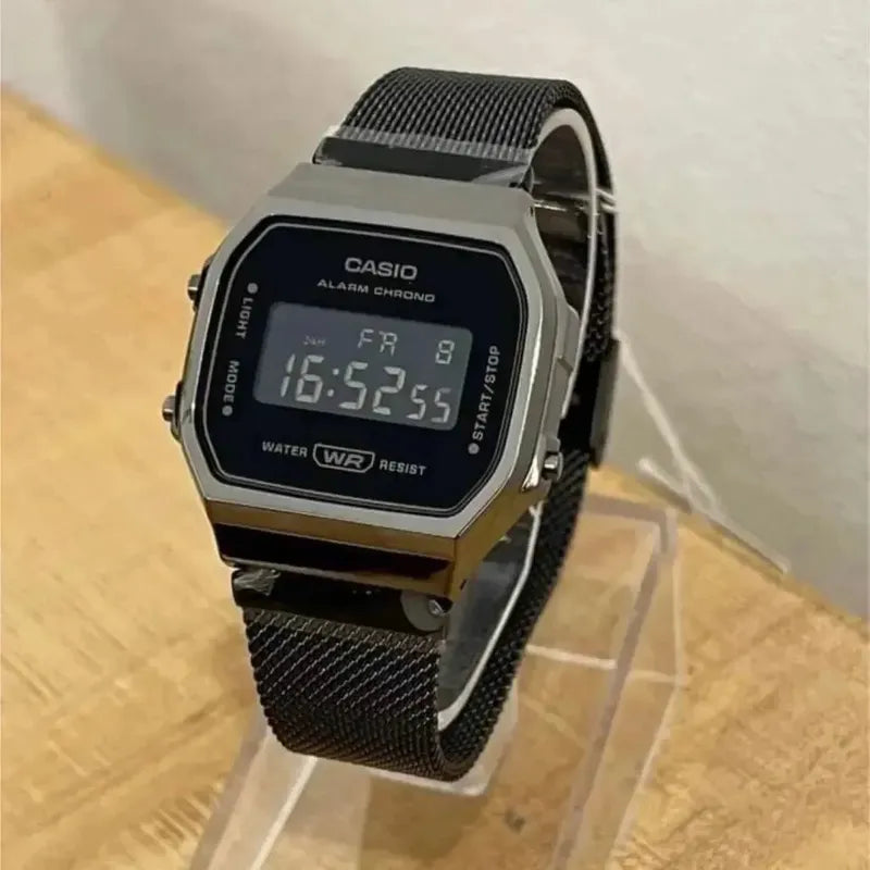 Reloj Casio Vintage Retro A-168wemb-1b Malla Tejida Gris Osc Negro