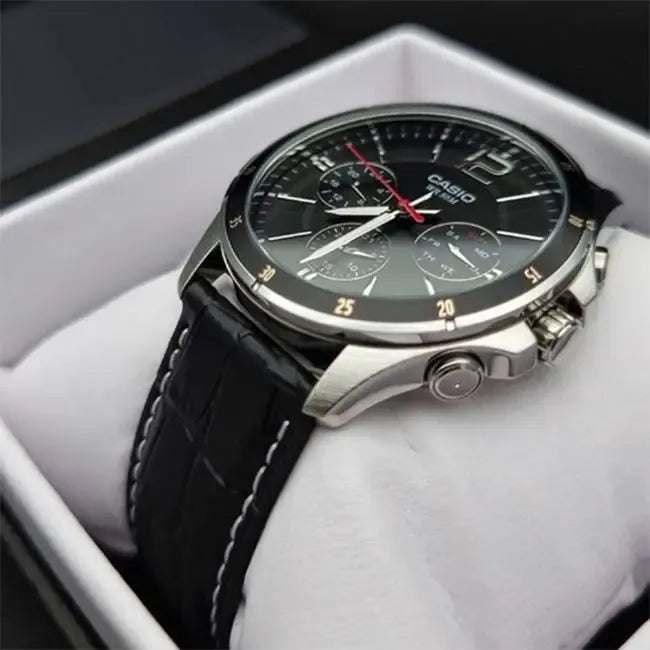 Reloj Casio Mtp-1374l-1a Hombre Multifuncion Acero Cuero 50m Wr Negro