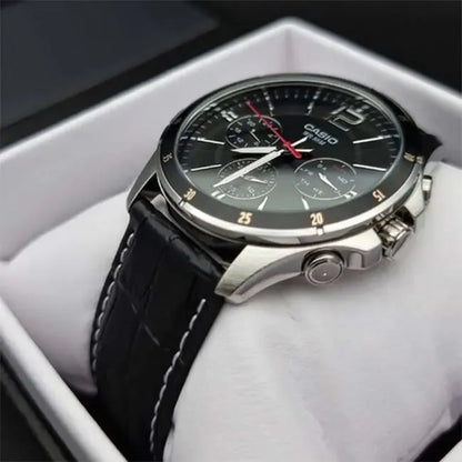 Reloj Casio Mtp-1374l-1a Hombre Multifuncion Acero Cuero 50m Wr Negro