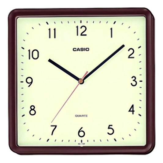 Reloj Mural Casio Iq-152-5df Cuadrado Café Fondo Beige Estructura Marrón
