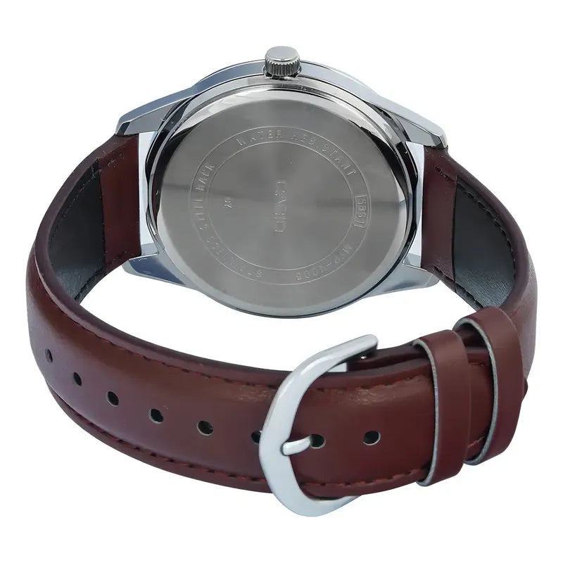 Reloj Casio Hombre Mtp-v005l-7b5 Malla Cuero Fondo Plateado Color Del Fondo Plateado Color De La Malla Marrón Color Del Bisel Plateado