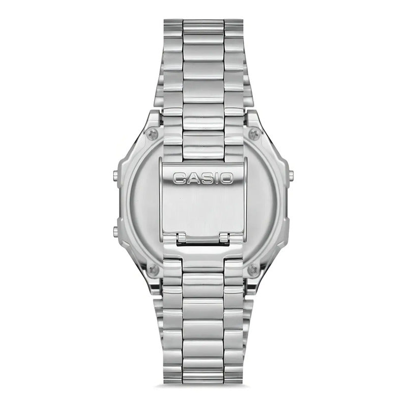 Reloj Pulsera Digital Casio A168wa-1 Con Correa De Acero Inoxidable Color Plateado - Fondo Gris/negro/azul