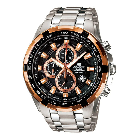 Reloj Pulsera Casio Ef-539 Con Correa De Acero Inoxidable Color Plateado - Fondo Negro - Bisel Dorado