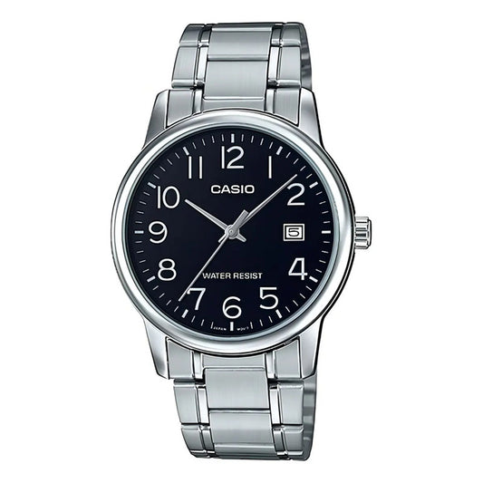 Reloj Pulsera Casio Mtp-v002d-1bu Con Correa De Acero Inoxidable Color Plateado - Fondo Negro